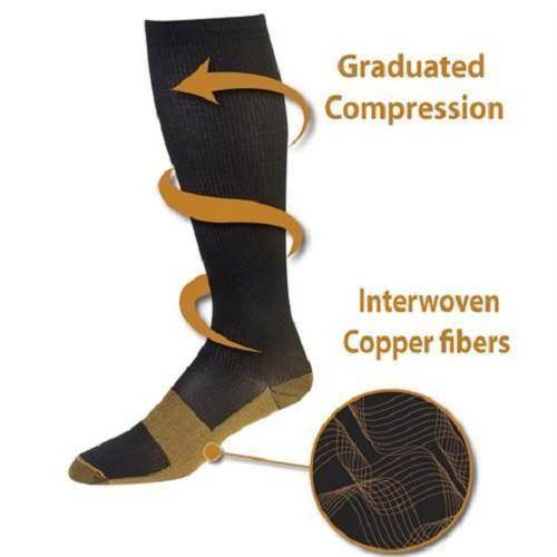 Pair of copper compression socks by Belro, designed for men and women, ideal for workout and recovery, shown in black with reinforced toes.