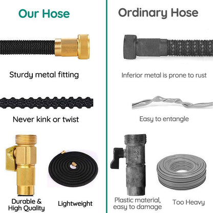 Belro 100FT expandable garden water hose stretched out in a garden, flexible and durable for outdoor watering tasks.