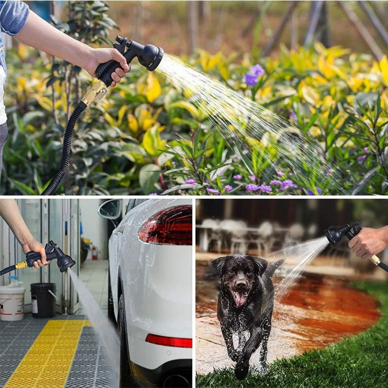 Belro 100FT expandable garden water hose stretched out, showing its lightweight, flexible design for outdoor garden watering.