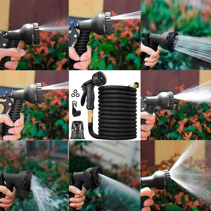 Belro 100FT expandable garden water hose stretched out with spray nozzle, flexible and lightweight for outdoor watering tasks.
