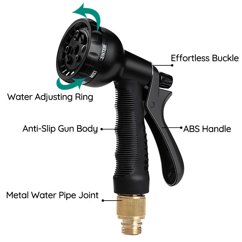Belro 100FT expandable garden water hose stretched out in a garden, showing its flexible, lightweight design for outdoor watering tasks.