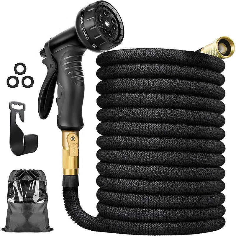 Belro 100FT expandable garden water hose stretched out in a garden, showing flexible, lightweight design and durable fittings.