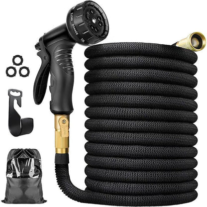 Belro 100FT expandable garden water hose stretched out in a garden, showing flexible, lightweight design and durable fittings.