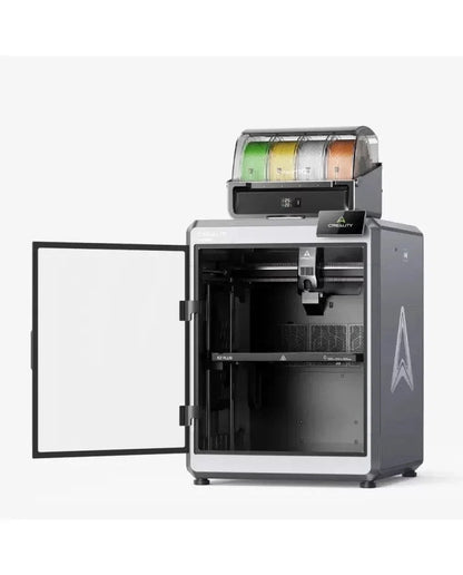 Creality K2 Plus Combo 3D printer by Casavibeo showing the printer with print bed and control panel in a well-lit workspace.