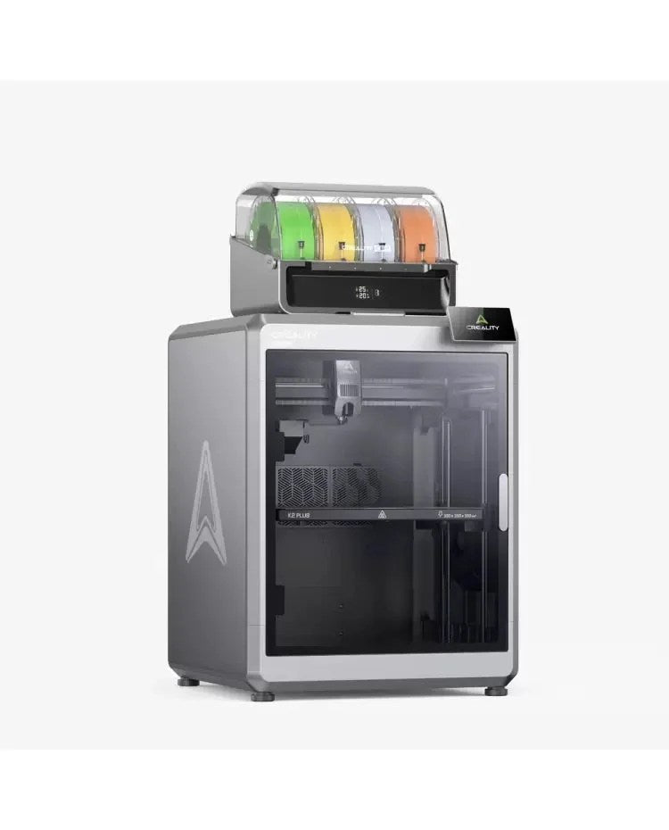 Creality K2 Plus Combo 3D printer by Casavibeo with metal frame, touchscreen control, and filament spool holder in a modern workspace.