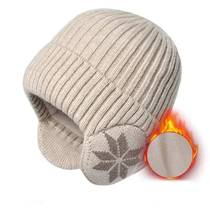 Cream-colored Belro unisex winter knit beanie with ear protection, cozy hat designed for cold weather and winter accessories.