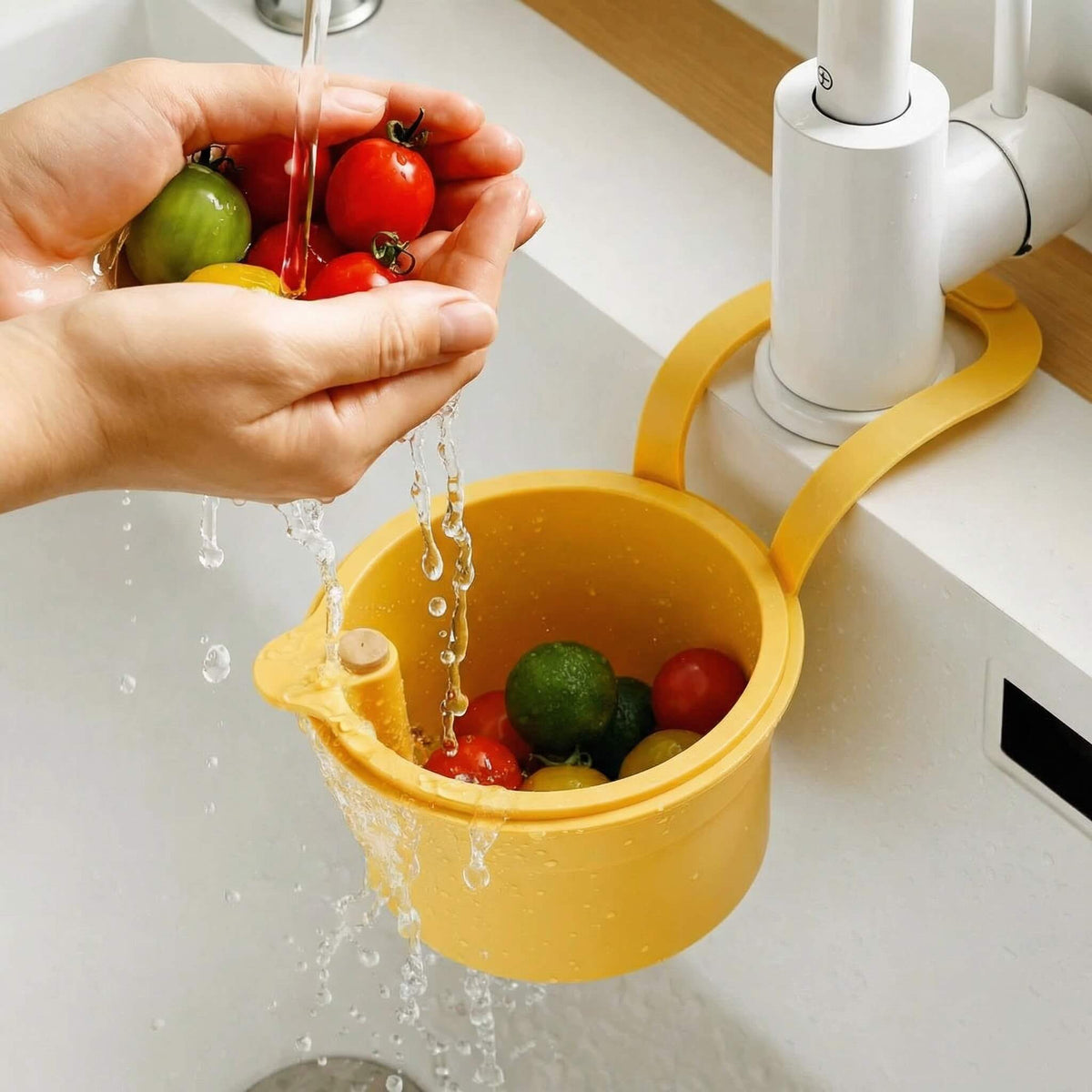 Mivoza hanging drain basket with two-part filter and one-click empty sink organizer in kitchen sink for draining food debris.