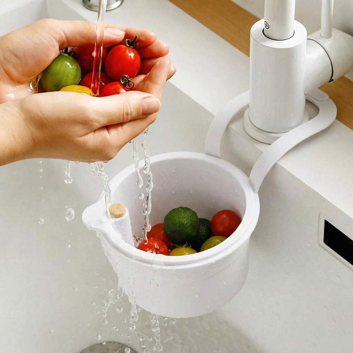 Mivoza hanging drain basket with two-part filter and one-click empty sink organizer in a kitchen sink for food waste and debris collection.