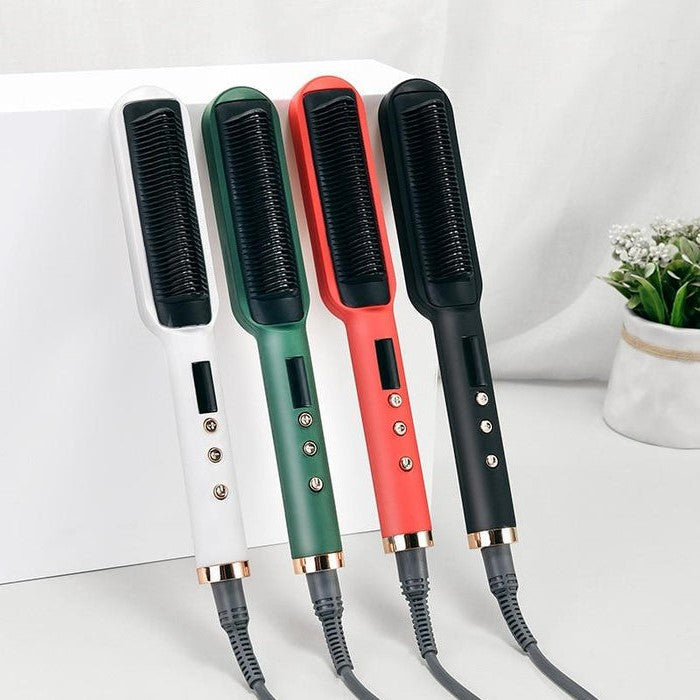 Belro Crown n' Glory Hair Straightening Brush with sleek design, showcasing its bristles and ergonomic handle for smooth hair styling.