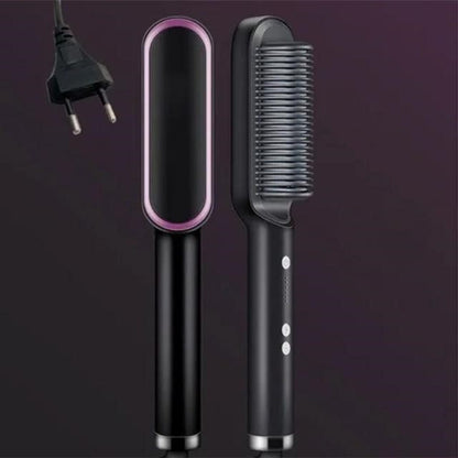 Belro Crown n' Glory Hair Straightening Brush with ceramic plates, designed for smooth, sleek hair styling and easy use.