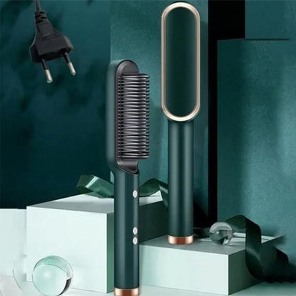 Belro Crown n' Glory hair straightening brush with ceramic bristles for smooth, sleek hair styling in a close-up view.