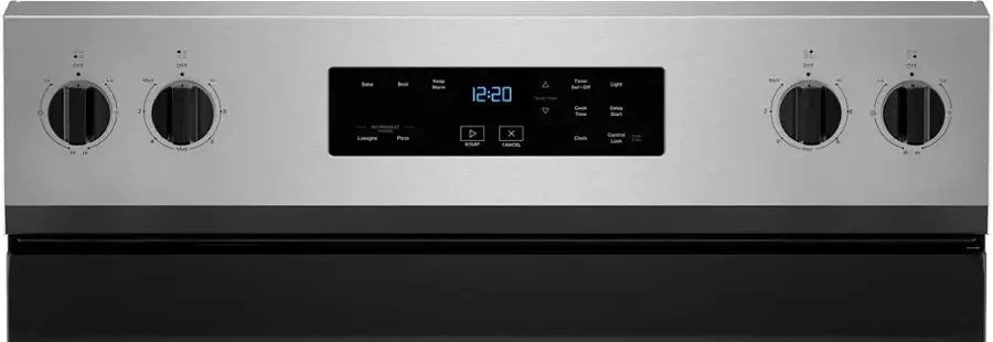 Whirlpool electric range by Casavibeo with four burners and digital control panel, shown in a modern kitchen setting.