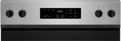 Whirlpool electric range by Casavibeo with four burners and digital control panel, shown in a modern kitchen setting.