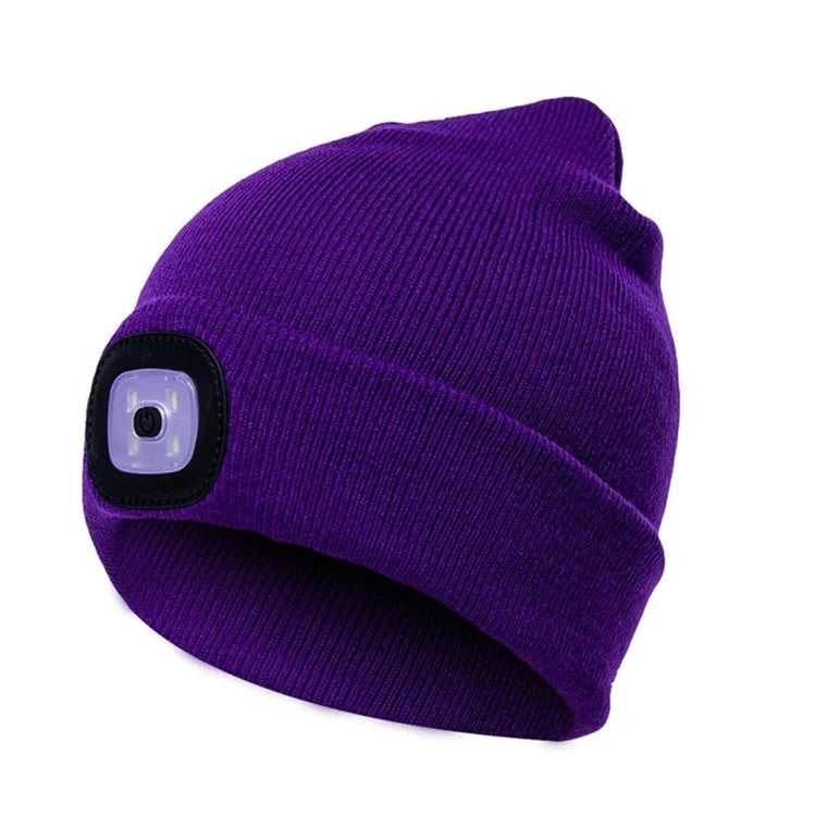Belro LED beanie light with integrated flashlight, soft knit hat with built-in LED for hands-free illumination.