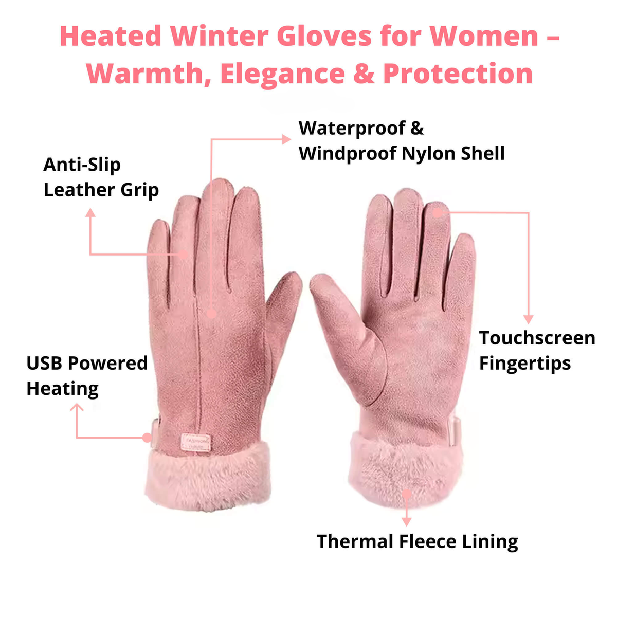 BowLift heated women's gloves, waterproof thermal winter gloves with USB rechargeable heating elements, shown with black exterior and snug fit.