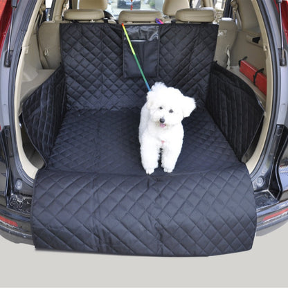 Belro dog trunk seat cover for SUVs, waterproof automotive accessory, shown installed in the rear cargo area with a dog sitting on it.