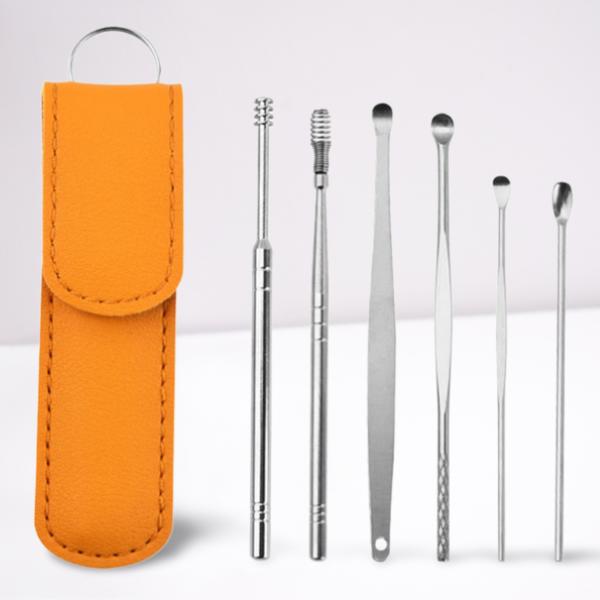 Six Belro ear care tools for ear cleaning and hygiene, arranged on a white background.