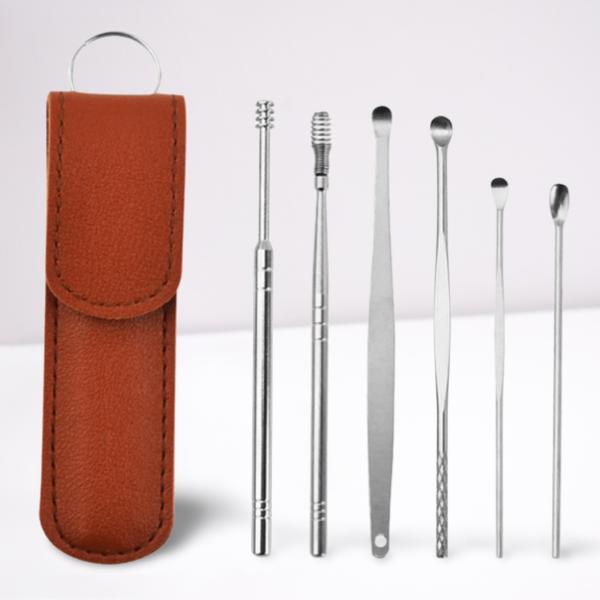 Set of six Belro ear care tools for cleaning and maintenance, shown in a natural arrangement against a white background.