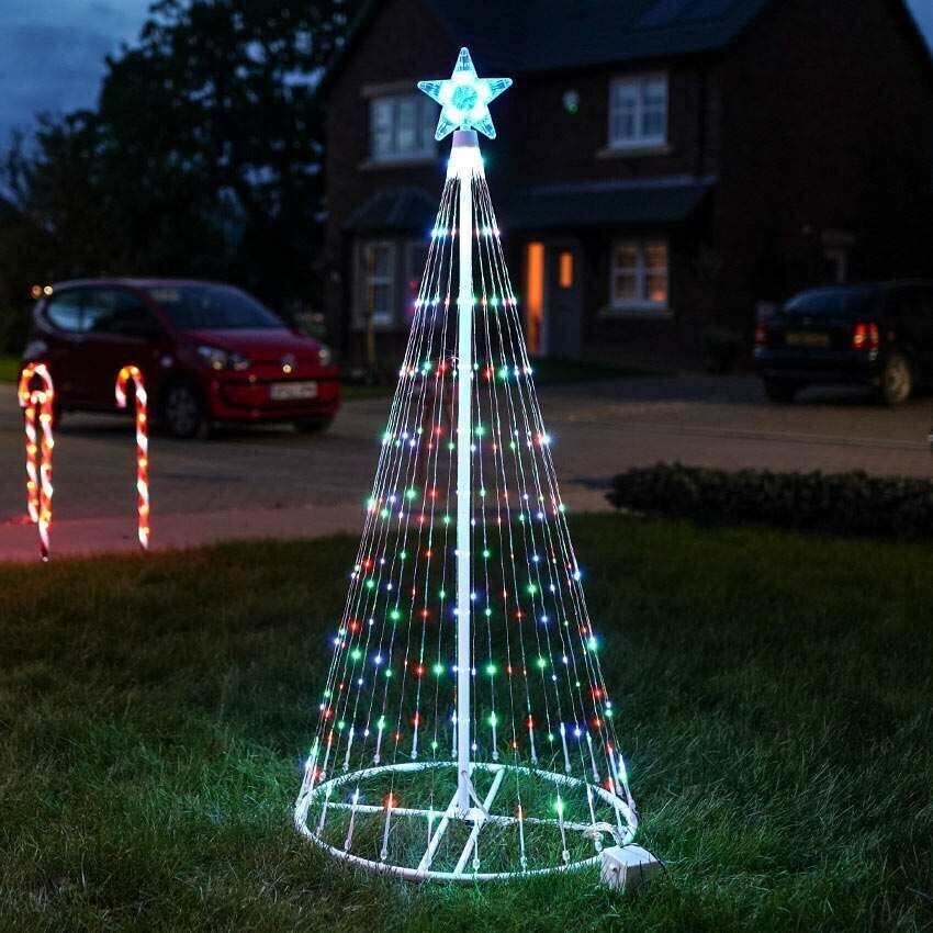 Belro multicolor LED animated outdoor Christmas tree lightshow umbrella accessory with festive light display.