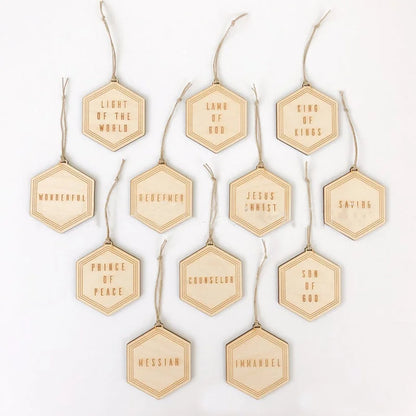 Belro Christmas hanging ornament featuring the names of Jesus, decorative holiday decoration for home and garden.