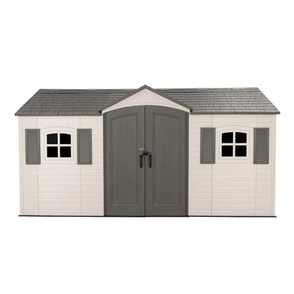 Casavibeo Lifetime Legacy 15 ft x 8 ft outdoor storage shed with durable panels and wide double doors on a grassy background.