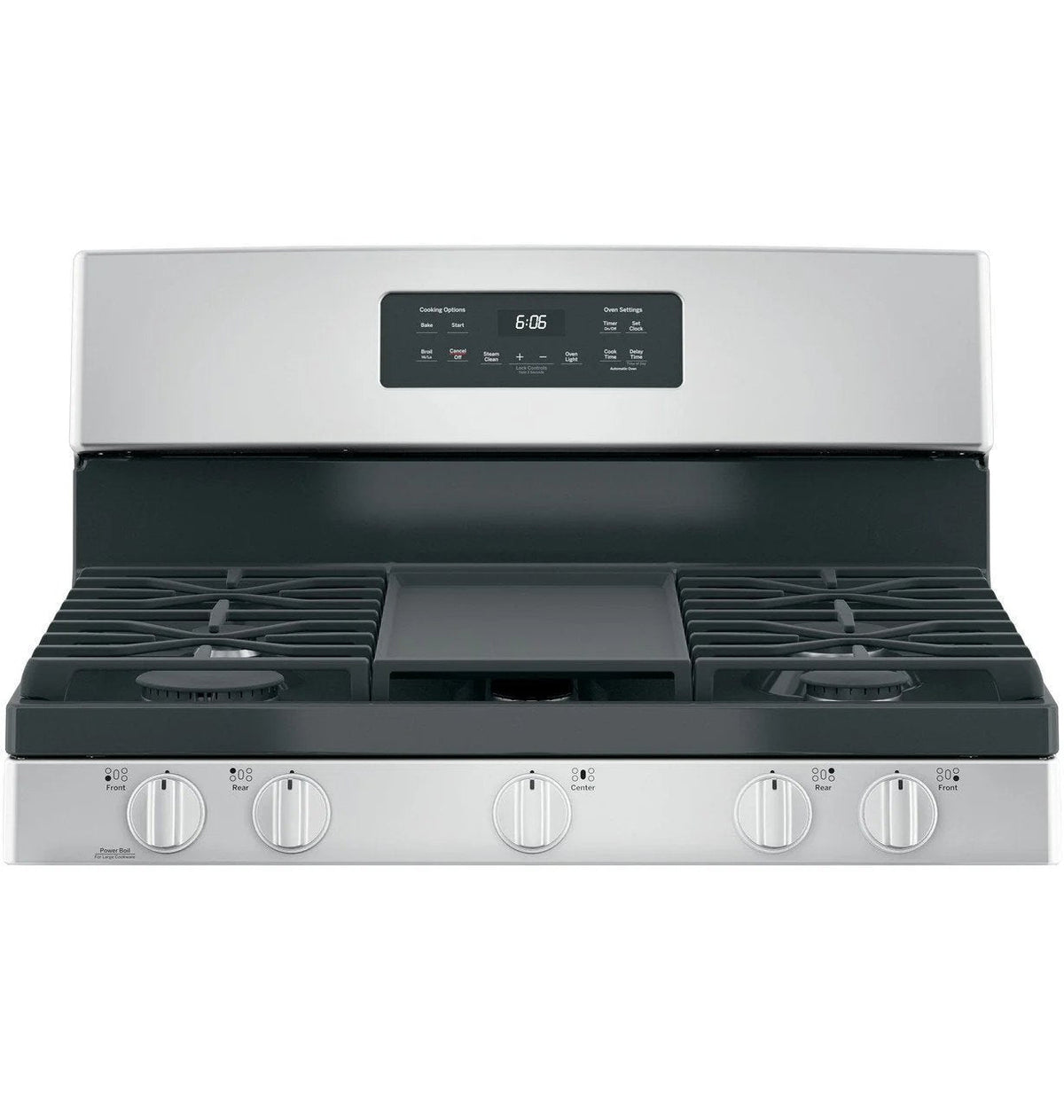 Casavibeo GE 30-inch freestanding gas range with four burners and a stainless steel finish, oven door and control knobs visible.