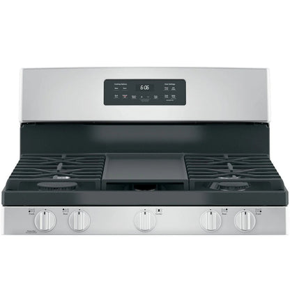Casavibeo GE 30-inch freestanding gas range with four burners and a stainless steel finish, oven door and control knobs visible.