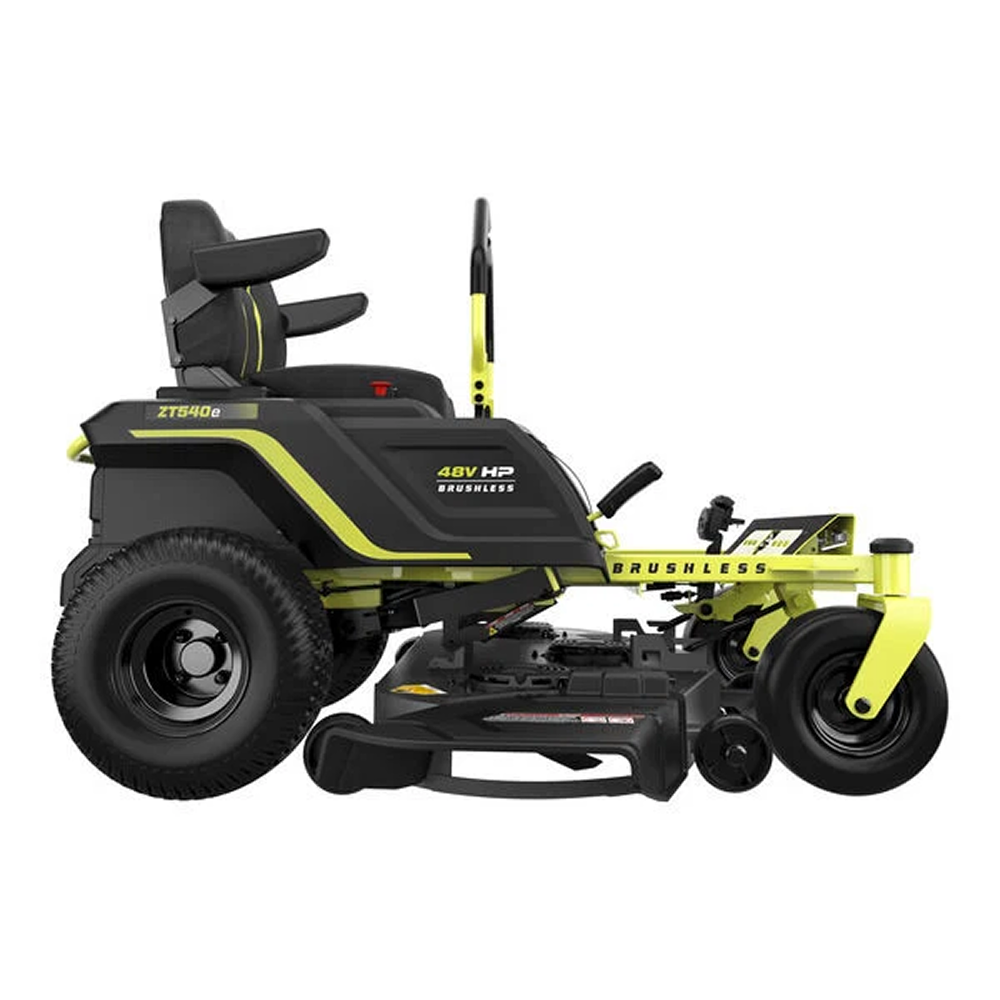 Ryobi 48V 54-inch zero turn mower with 115 Ah HP brushless electric motor, showcasing the mower's cutting deck and control panel.