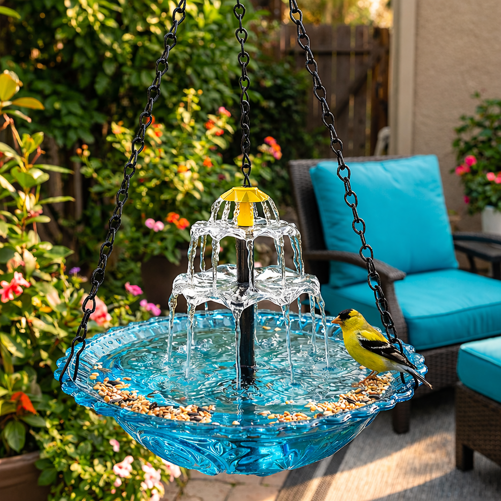 Mivoza solar bird bath fountain with two-tier design in a garden setting, showcasing water flowing in a no-power water feature.