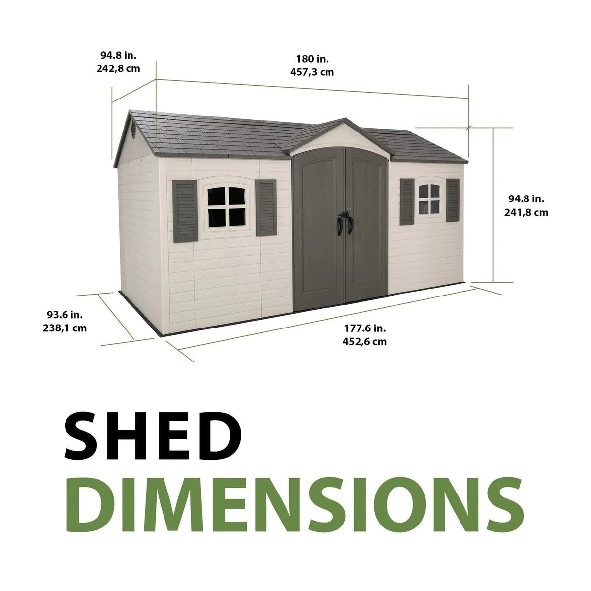 Casavibeo Lifetime Legacy 15 ft x 8 ft outdoor storage shed with double doors and a durable exterior, ideal for garden storage.