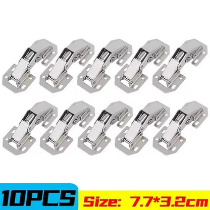 Set of 10 Belro cabinet hinges for furniture doors, showing metal hinges with mounting plates and screws.
