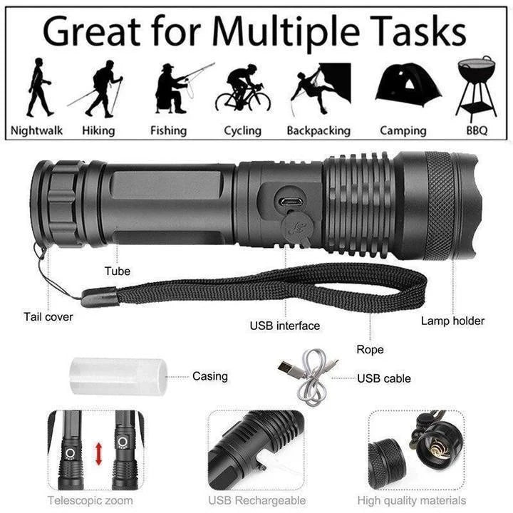 Belro 90000 Lumens Xhp50.2 powerful LED flashlight with a durable black body and adjustable focus for outdoor lighting.