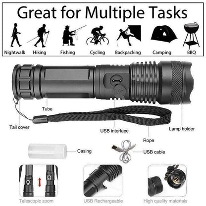 Belro 90000 Lumens Xhp50.2 powerful LED flashlight with a durable black body and adjustable focus for outdoor lighting.