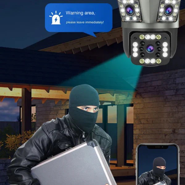 Belro dual lens outdoor waterproof security camera with wireless WiFi, HD video, and triple surveillance capabilities.