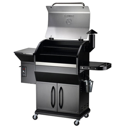 Casavibeo Z Grills Wood Pellet Ultimate 8-in-1 Smoker Grill 1000E with digital control panel and smoking chamber.