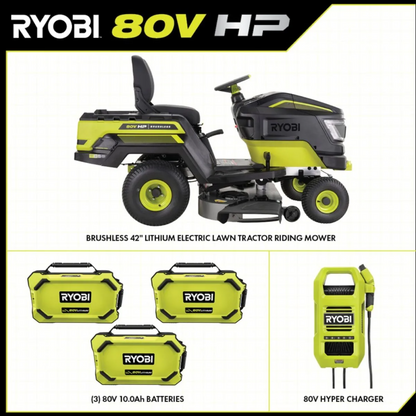 Ryobi 80V HP brushless 42-inch battery electric riding lawn tractor with seat, steering wheel, and control panel.