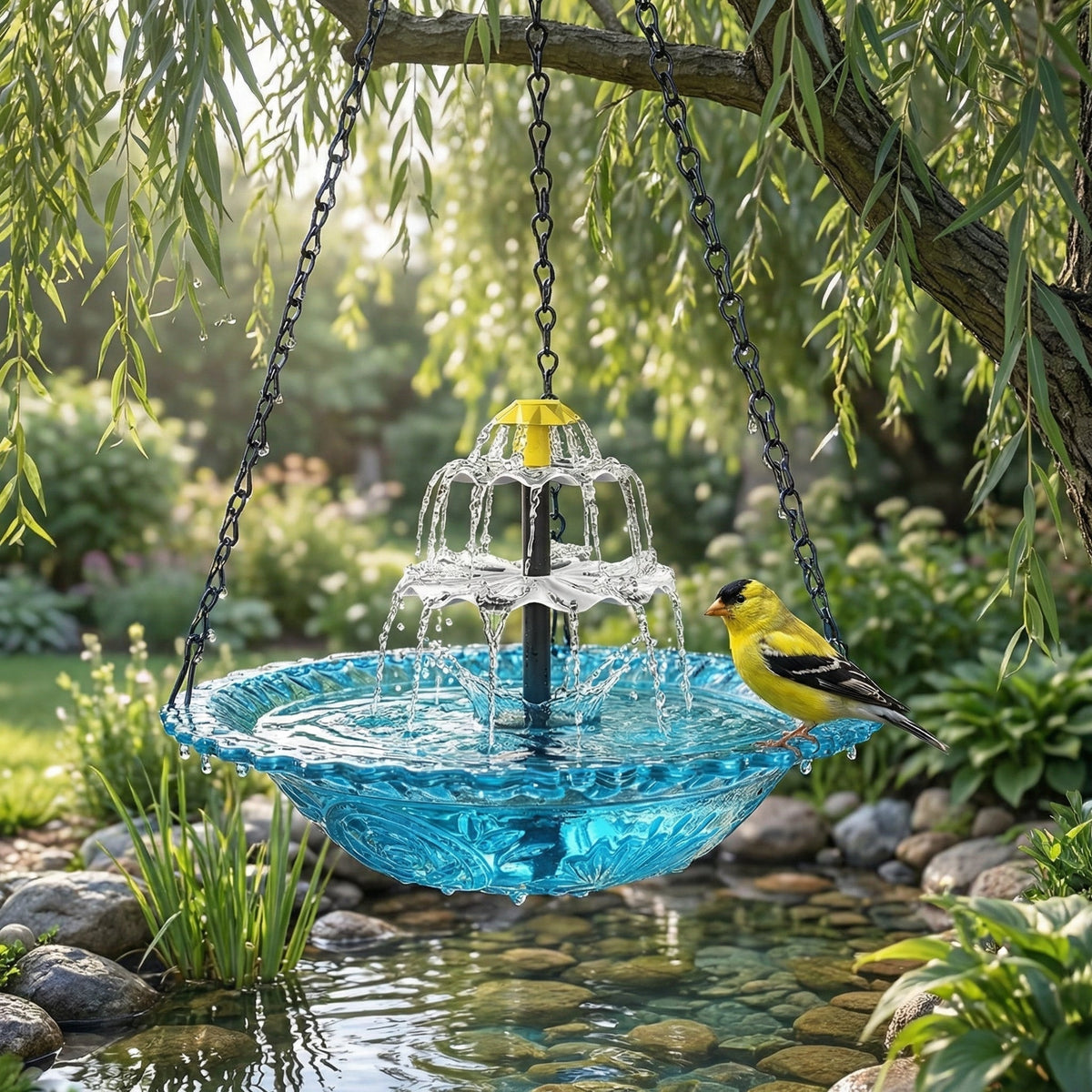 Mivoza solar bird bath fountain with two-tier garden water feature, no power needed, showcasing water cascading in a garden setting.
