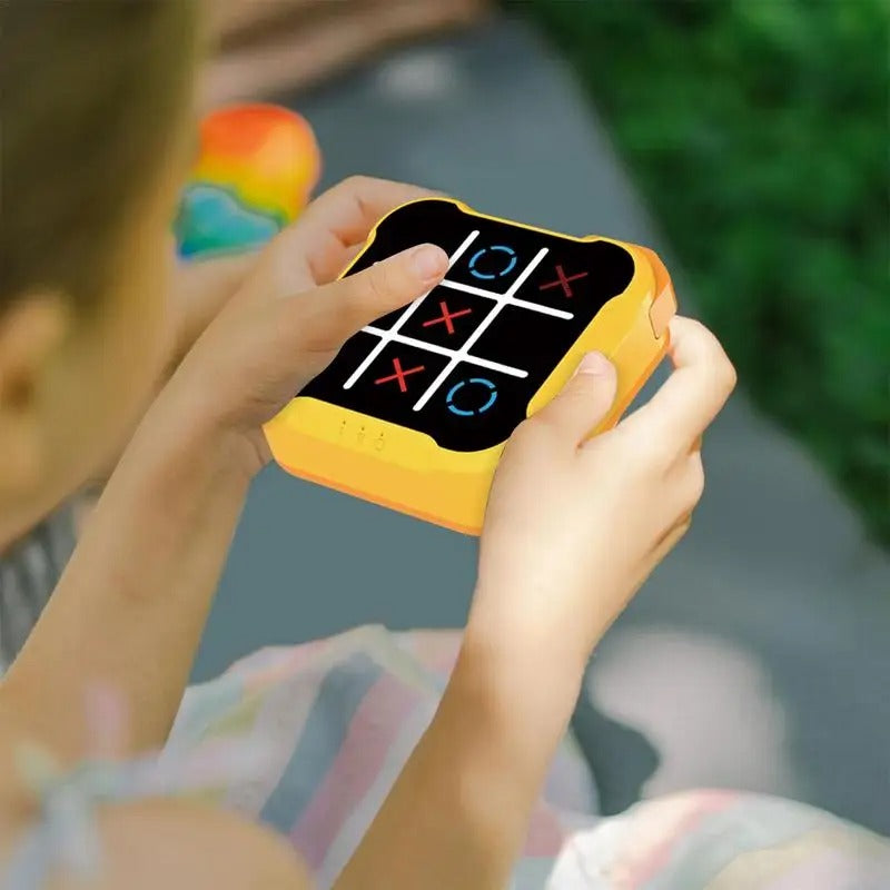 Belro electronic Tic Tac Toe board game with a digital display and game buttons on a sleek black surface.
