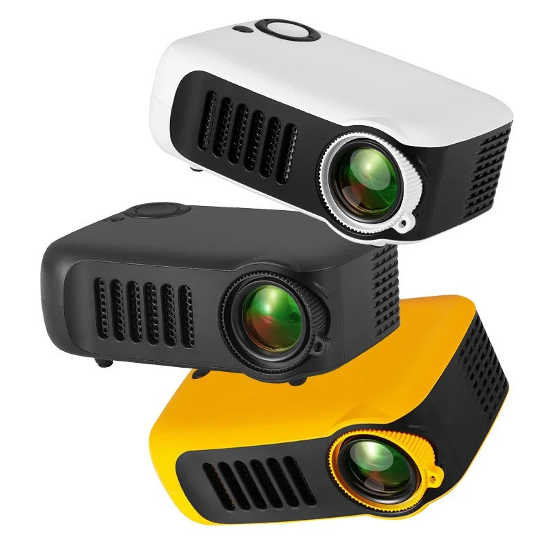 Belro HD Mini Pocket Portable Projector displaying a bright image on a wall in a dark room, compact electronic device for on-the-go projection.
