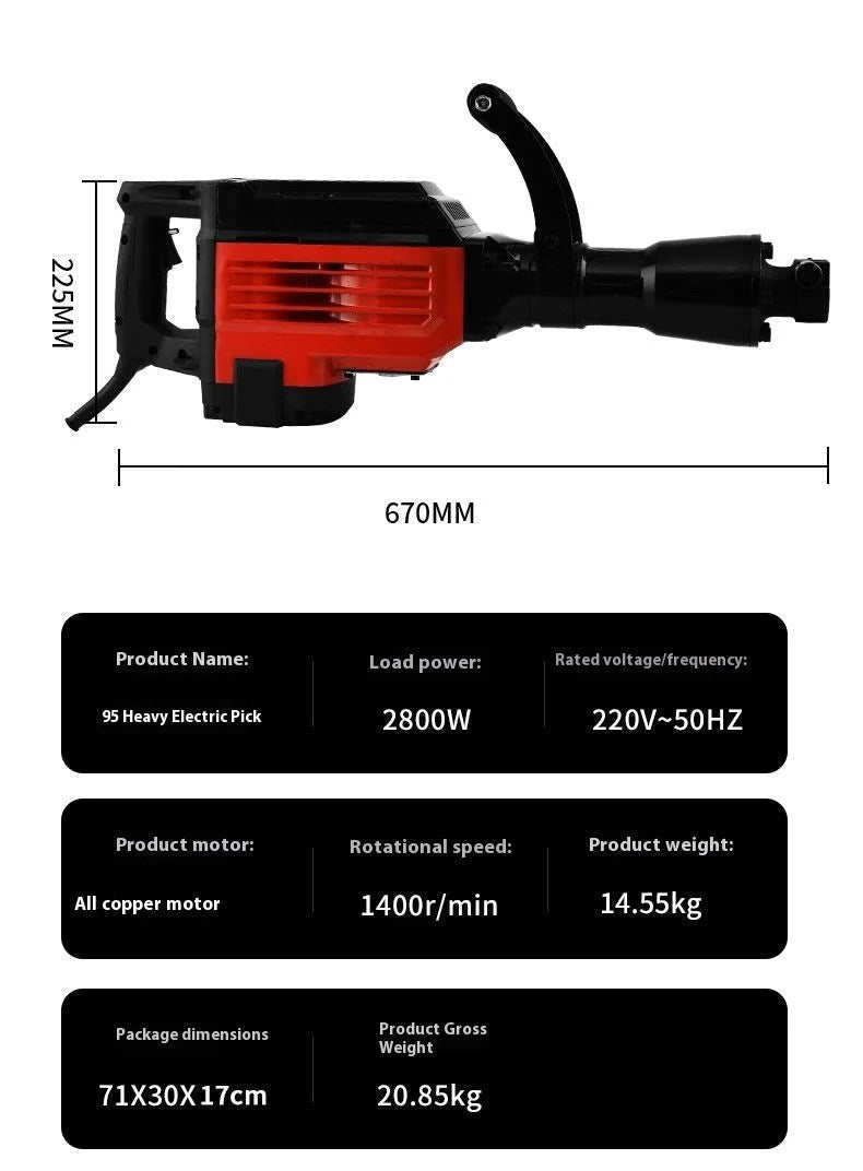 Casavibeo high-power concrete industrial grade 95 electric pick with sturdy metal handle and heavy-duty chisel for demolition work