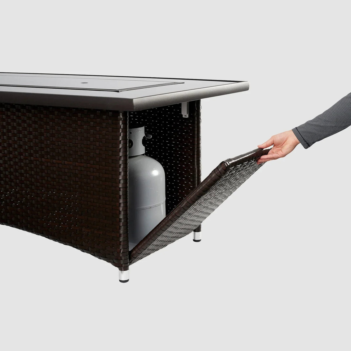 Casavibeo Montego Linear Gas Fire Pit Table with sleek black finish and modern design, featuring a built-in gas burner and clean lines.