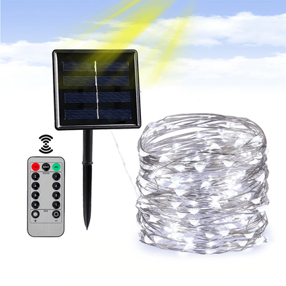 Clear cable string solar lights for outdoor home and garden use, featuring small LED bulbs on a flexible transparent cable.