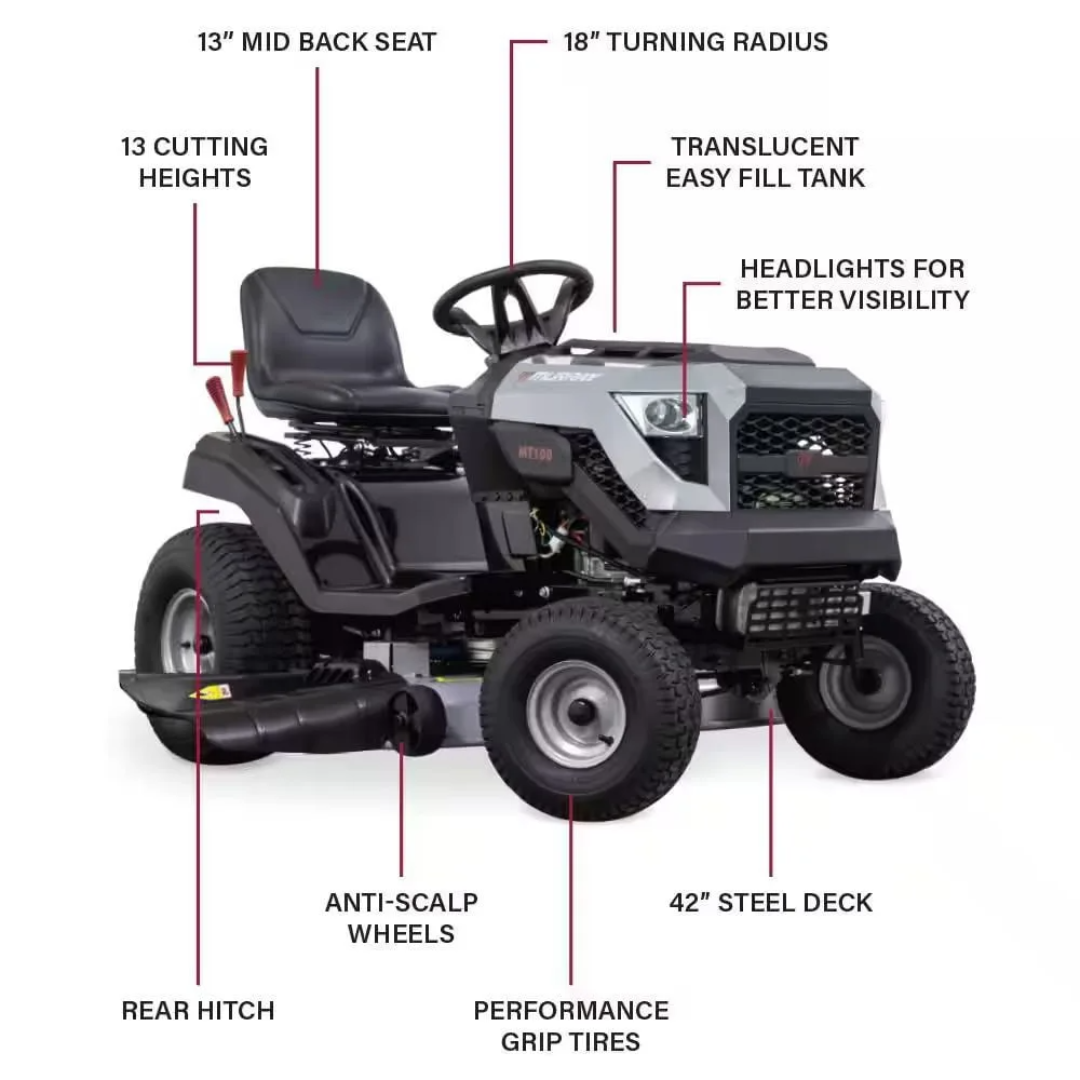 Casavibeo Murray MT100 42-inch lawn tractor with Briggs & Stratton 13.5 HP 500cc E1350 engine and 6-speed transmission.