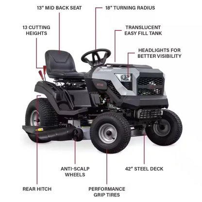 Casavibeo Murray MT100 42-inch lawn tractor with Briggs & Stratton 13.5 HP 500cc E1350 engine and 6-speed transmission.