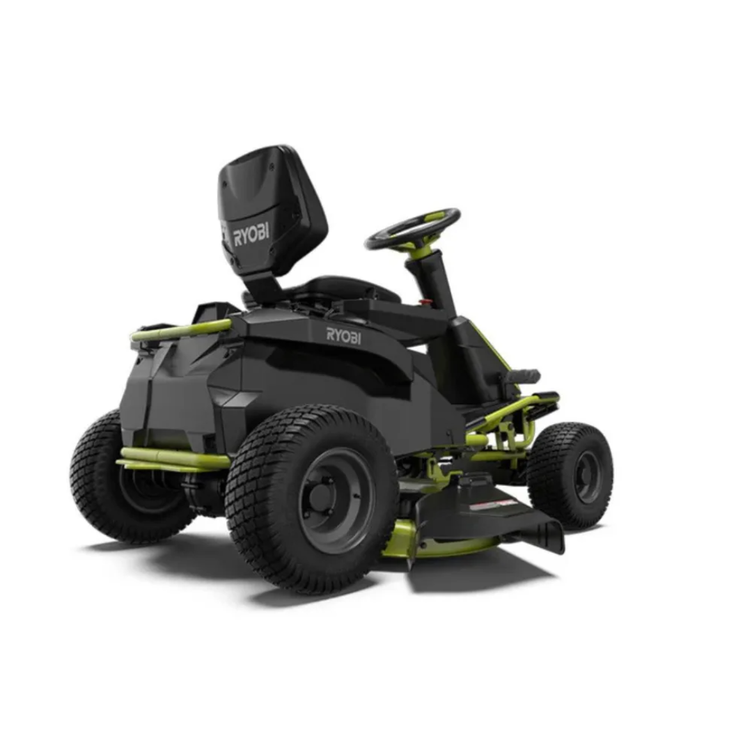 Casavibeo RYOBI 38-inch 100 Ah electric rear engine riding lawn mower with large cutting deck and battery-powered operation.