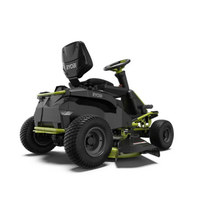 Casavibeo RYOBI 38-inch 100 Ah electric rear engine riding lawn mower with large cutting deck and battery-powered operation.