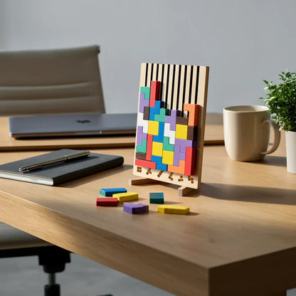Wooden Tetris puzzle board by Mivoza featuring colorful wooden pieces for brain teaser and tangram strategy game on a desk.