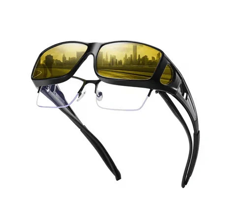 Mivoza night driving over-glasses with yellow anti-glare lenses, scratch-resistant, designed for improved night vision and comfort.