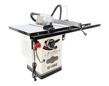 Casavibeo Shop Fox W1888 10-inch hybrid table saw with metal stand and safety fence, ideal for woodworking projects.