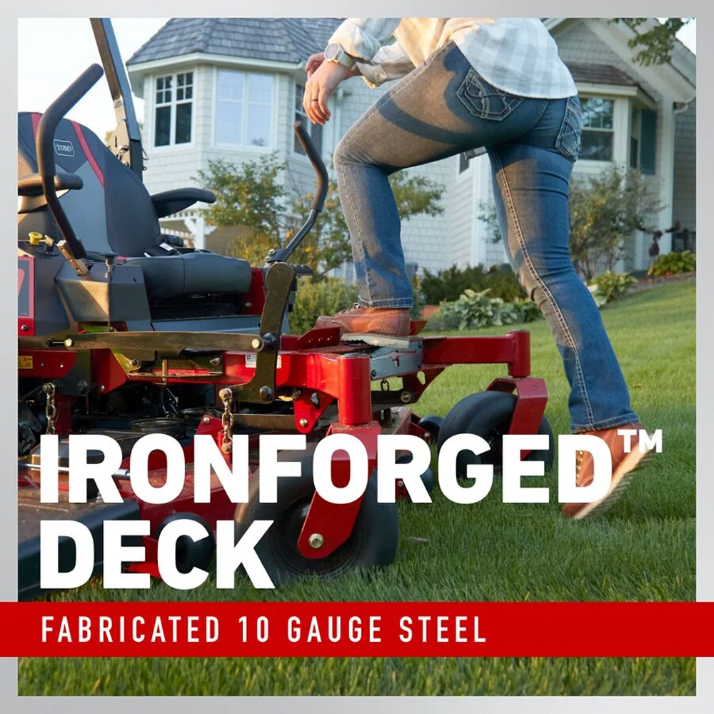 Toro Titan Max 60-inch IronForged deck zero turn riding mower with 26HP V-twin engine and dual hydrostatic drive, shown in use.